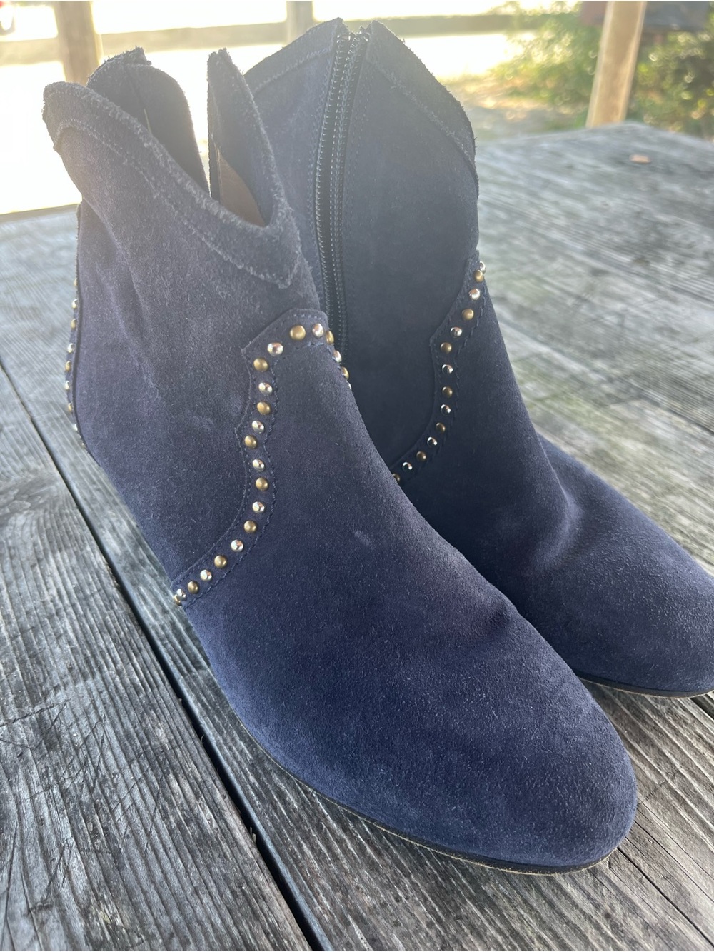COLISEE PARIS Women's Navy Suede Studded Ankle Boots GREAT COND. sz35, USA 5.5